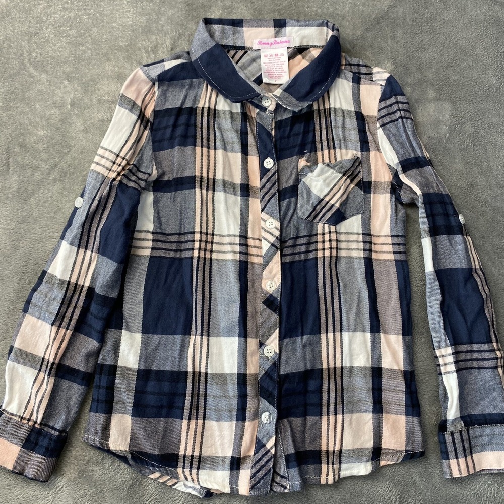 Tommy Bahama Shirt Girls 7 Plaid Flannel Front Pocket Long sleeve Button Up